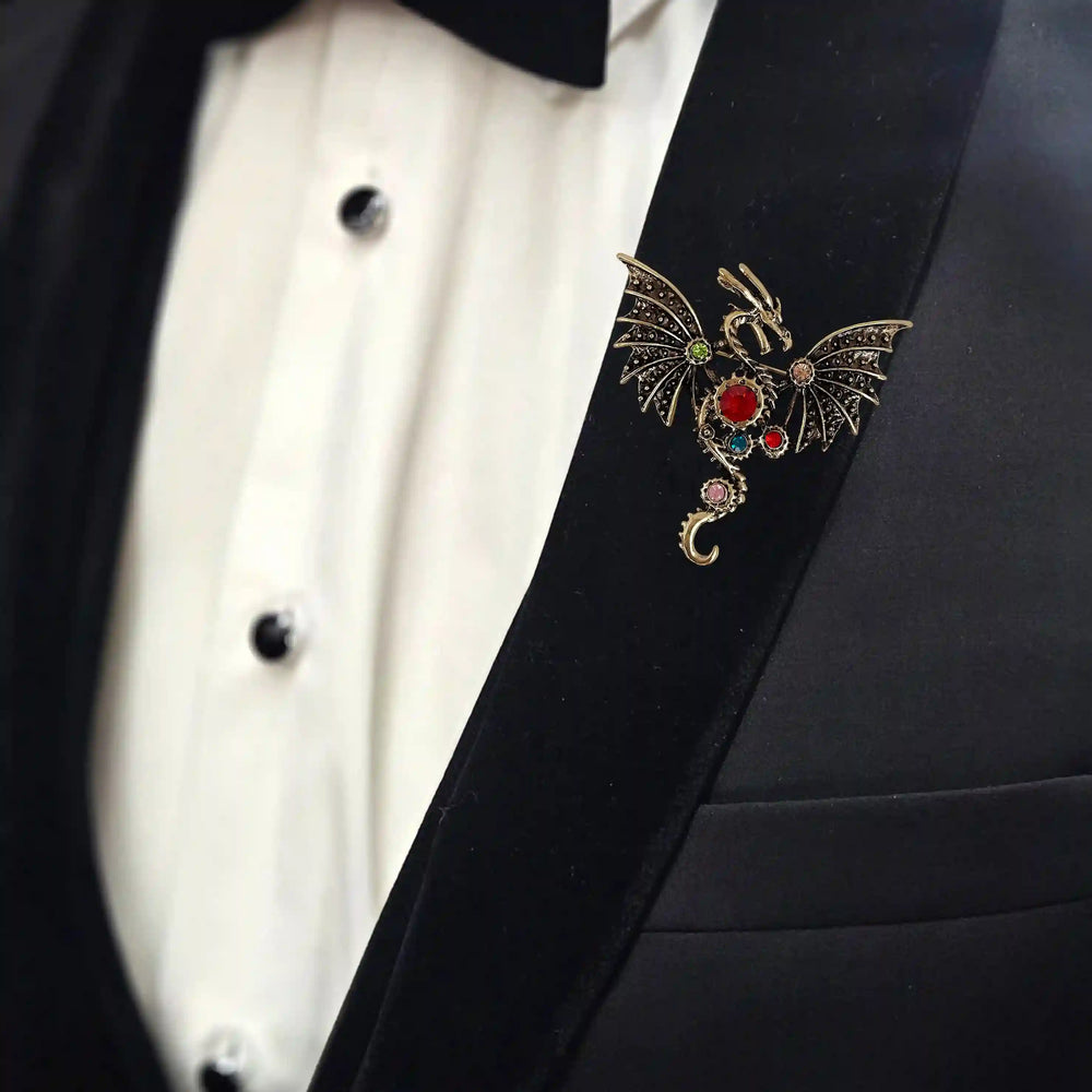 ANI Accessories dragon lapel pin worn on the lapel of a black tuxedo with a white shirt 
