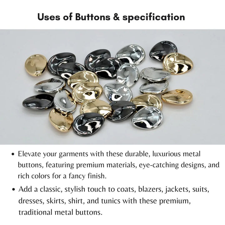 Bean Shape Metal Buttons |  20mm(32L), 25mm(40L) & 30mm(47L)