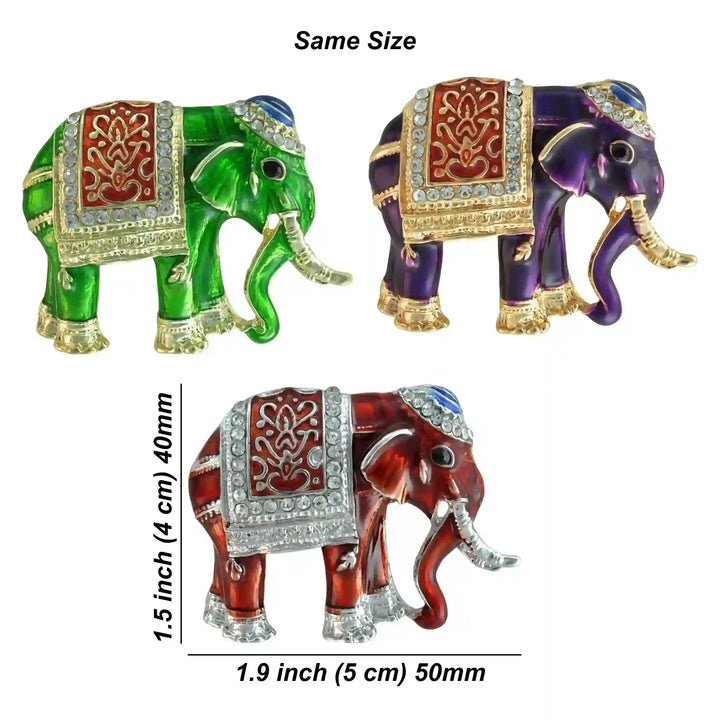 Enamel elephant brooch size chart, 5 x 4 cm, same size in red, purple and green white color background 