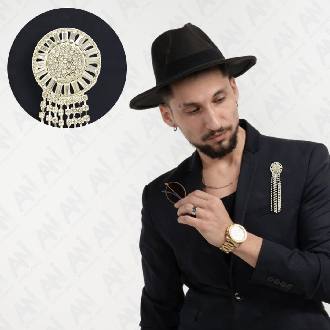 Tassel Rhine Stone Silver Brooch for Men & Women Fashion displayed on a stylish model wearing a black suit