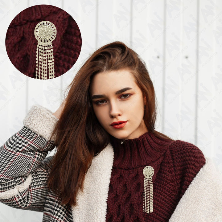 Tassel Rhine Stone Silver Brooch for Men & Women Fashion worn on a stylish sweater
