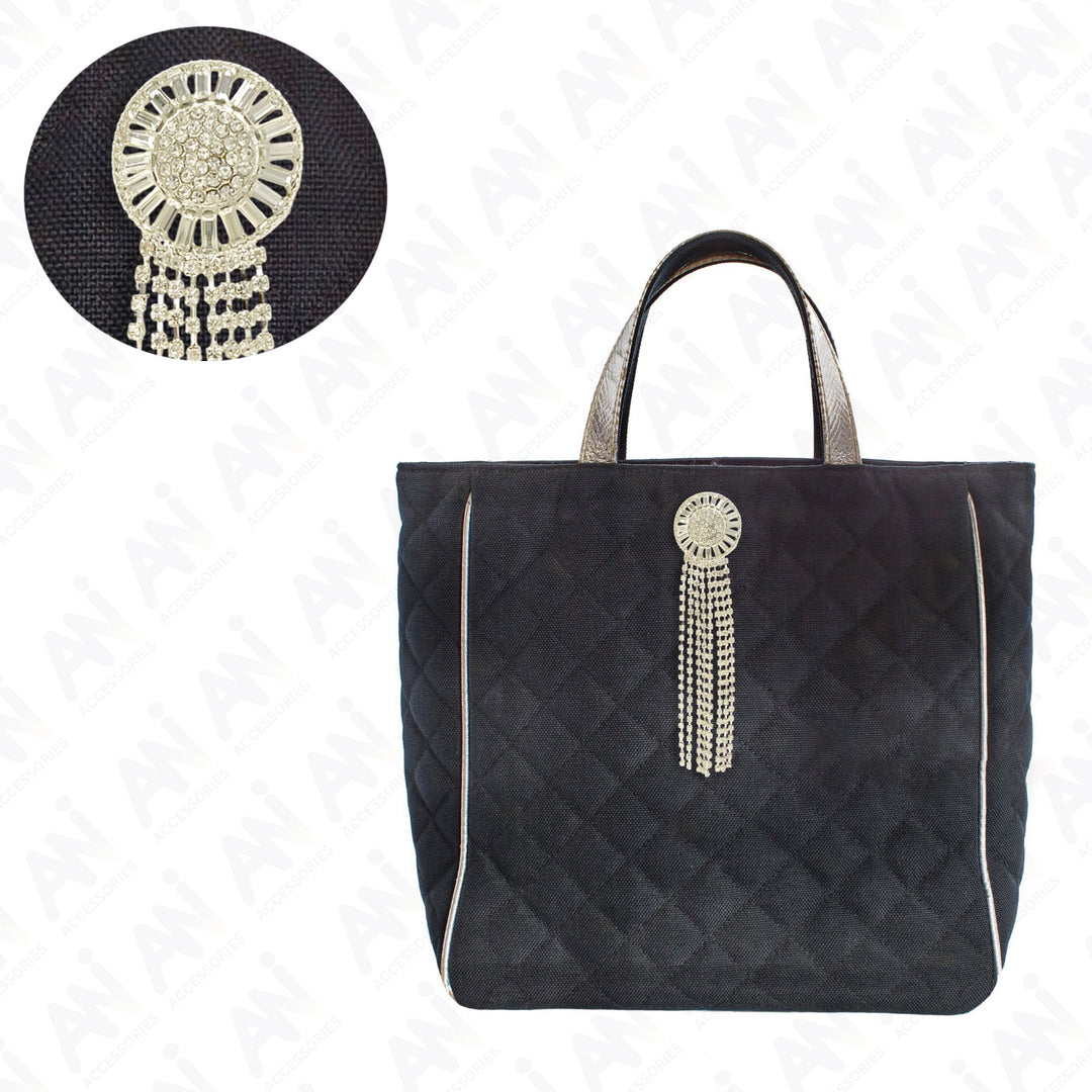 Black Quilted Tote Bag with Tassel Rhine Stone Silver Brooch for Men & Women Fashion