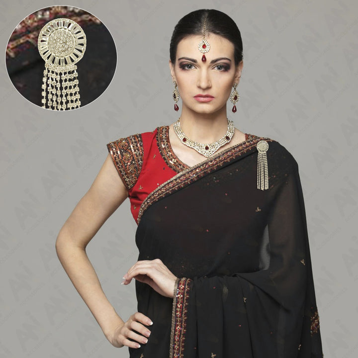 Tassel Rhine Stone Silver Brooch for Men & Women Fashion worn with a saree by a model