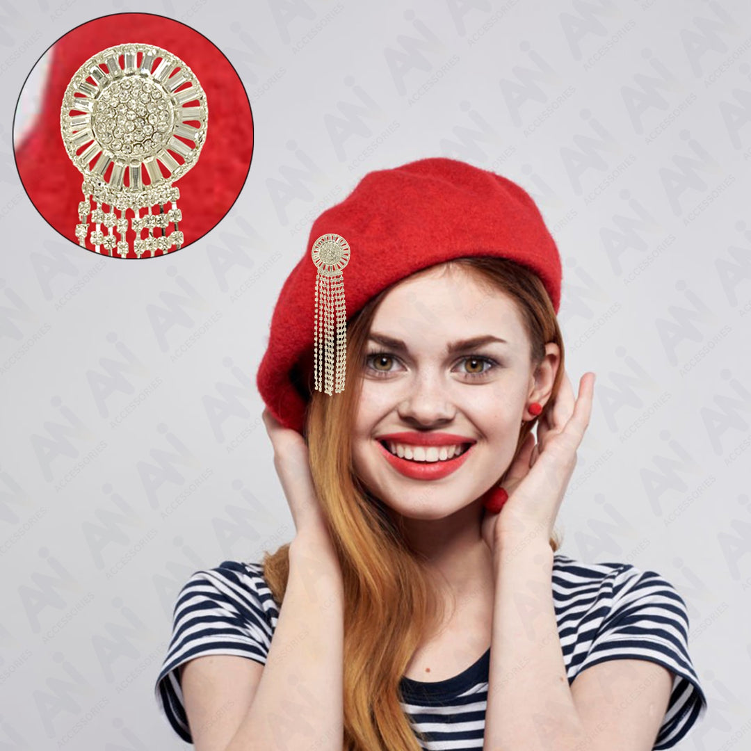 Tassel Rhine Stone Silver Brooch for Men & Women Fashion displayed on a red beret, enhancing stylish outfits