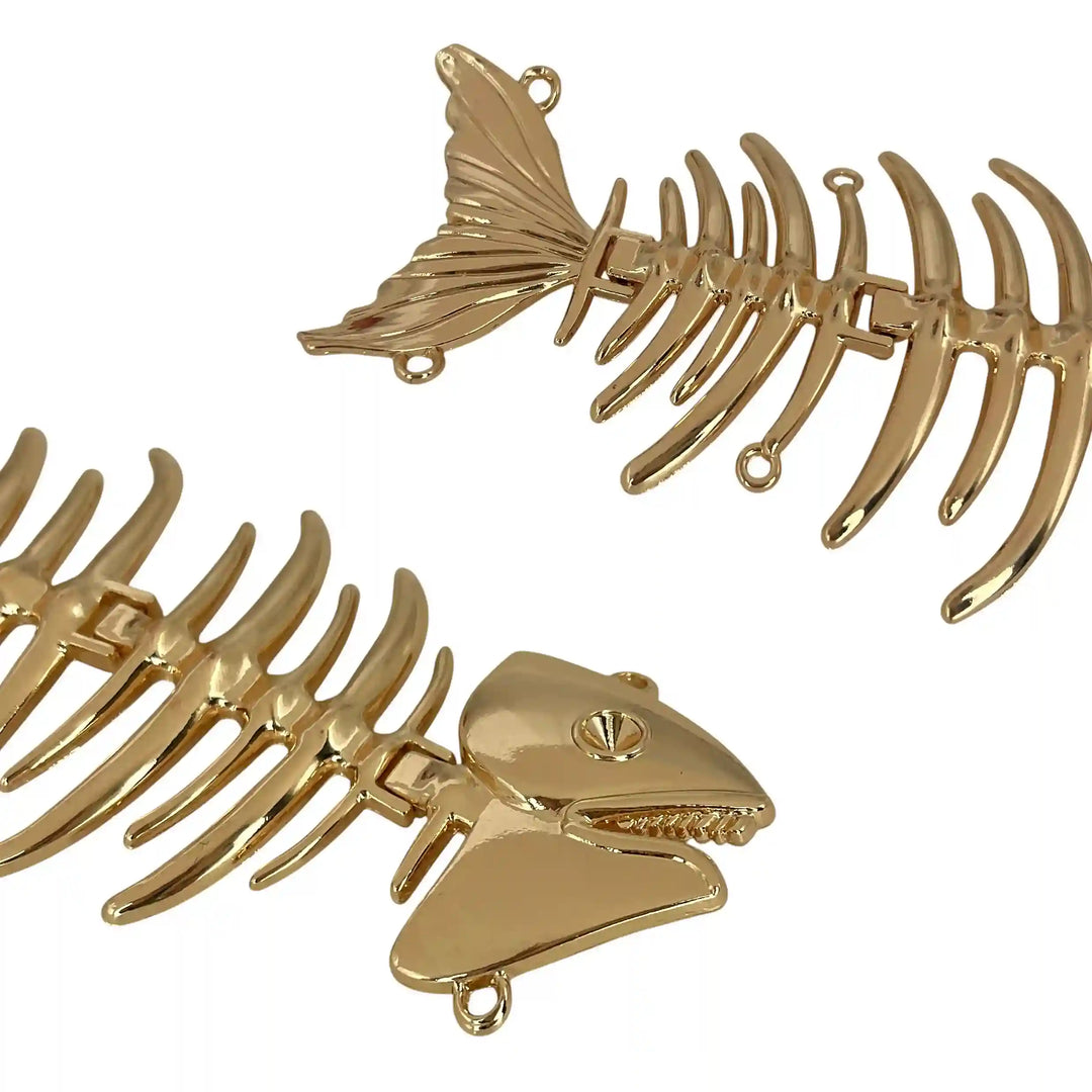 ANI Accessories fish skeleton brooch close-up showing the head, ribs and sewing loops 