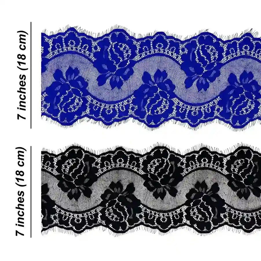 ANI Accessories French lace size chart showing 7 inch (18 cm) width in royal blue and black with white color background 
