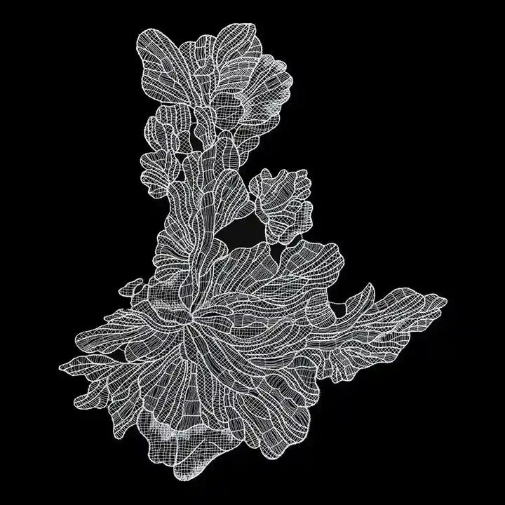 ANI Accessories giant white floral patch with a tall stem of blooms, full view on black Background 