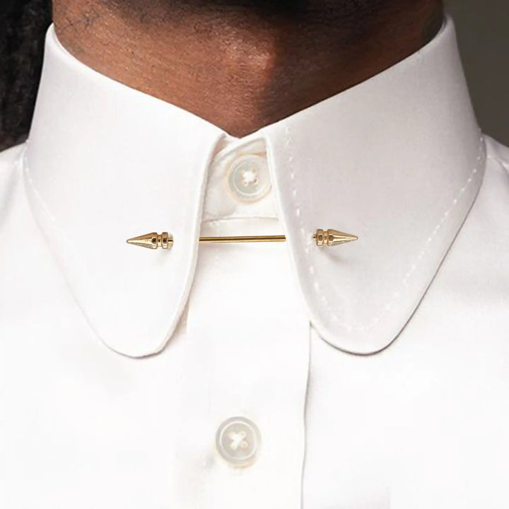 ANI Accessories gold collar bar pin worn across the collar of a white formal shirt 