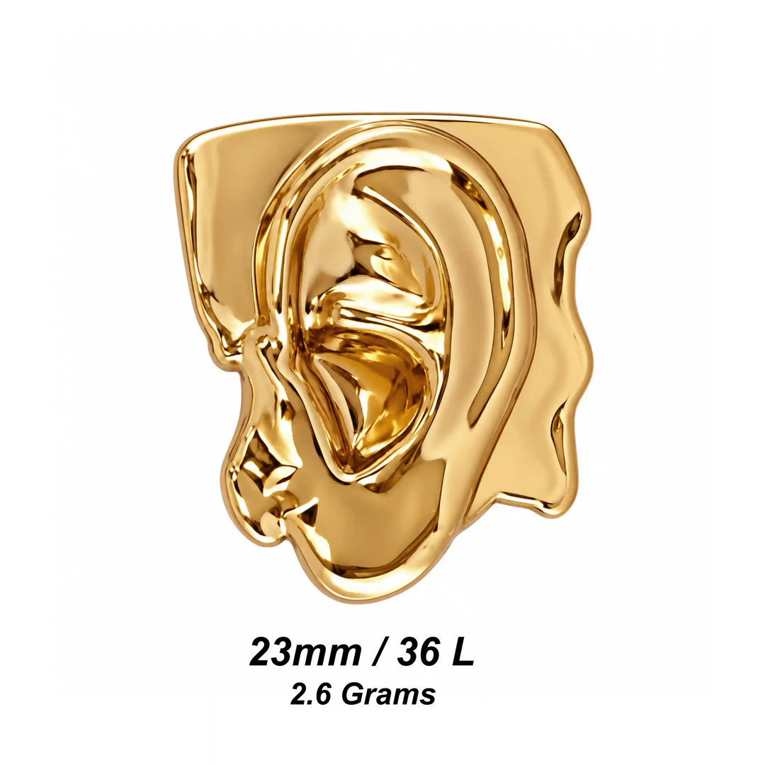 ANI Accessories gold ear button size chart showing 23mm 36L and 2.6 grams with with white color background 