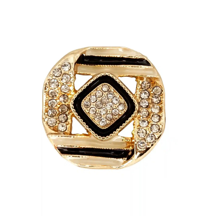 ANI Accessories gold geometric rhinestone metal button with black enamel diamond frame and pave stones, front view with white color background 