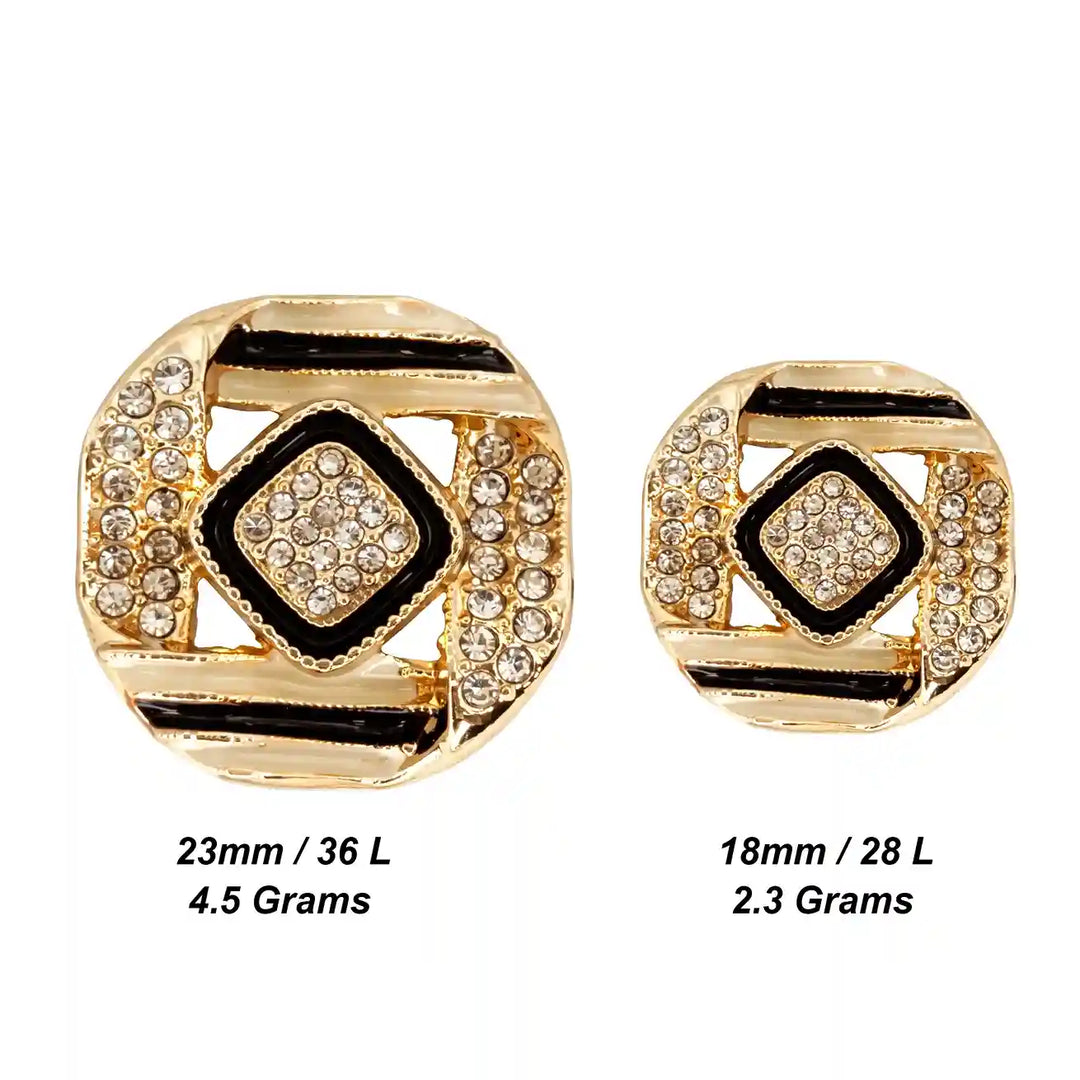 ANI Accessories gold geometric rhinestone button size chart: 23 mm (36 L) and 18 mm (28 L) buttons side by side With white color background