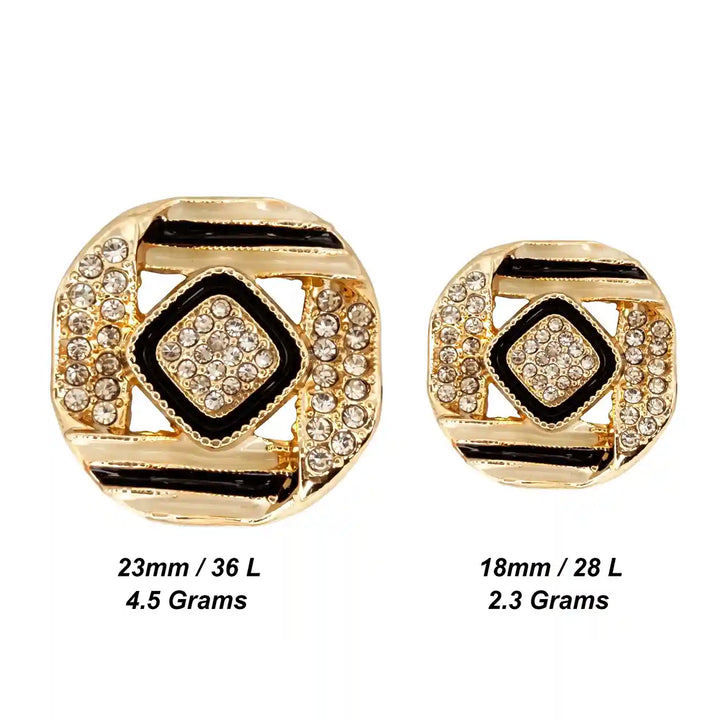 ANI Accessories gold geometric rhinestone button size chart: 23 mm (36 L) and 18 mm (28 L) buttons side by side With white color background