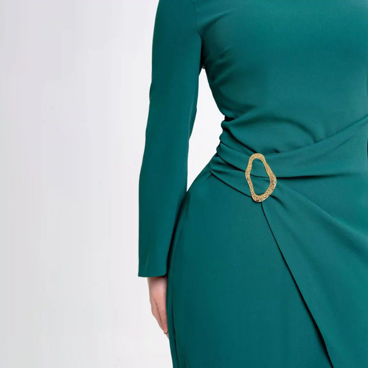 ANI Accessories gold hammered freeform buckle gathering the side waist of a teal green dress