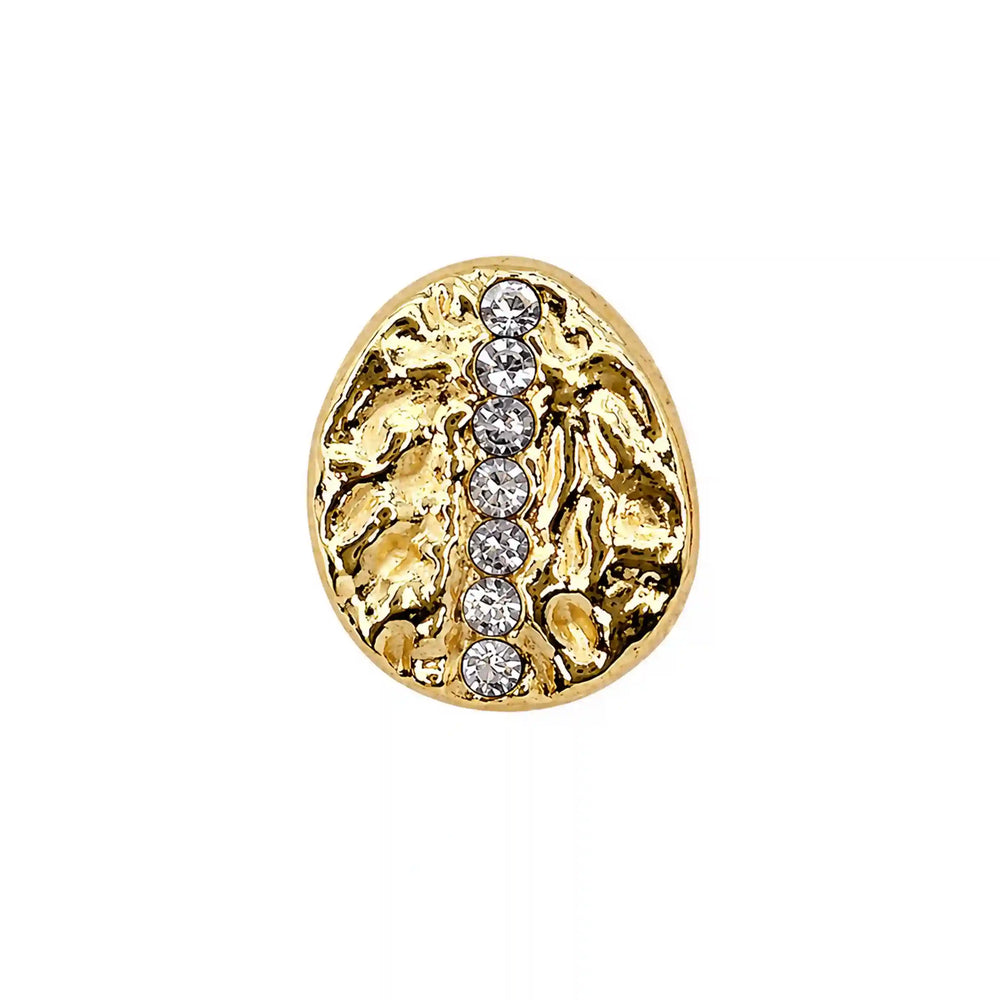 ANI Accessories gold hammered oval metal button with a vertical line of seven rhinestones, front view on white Background 