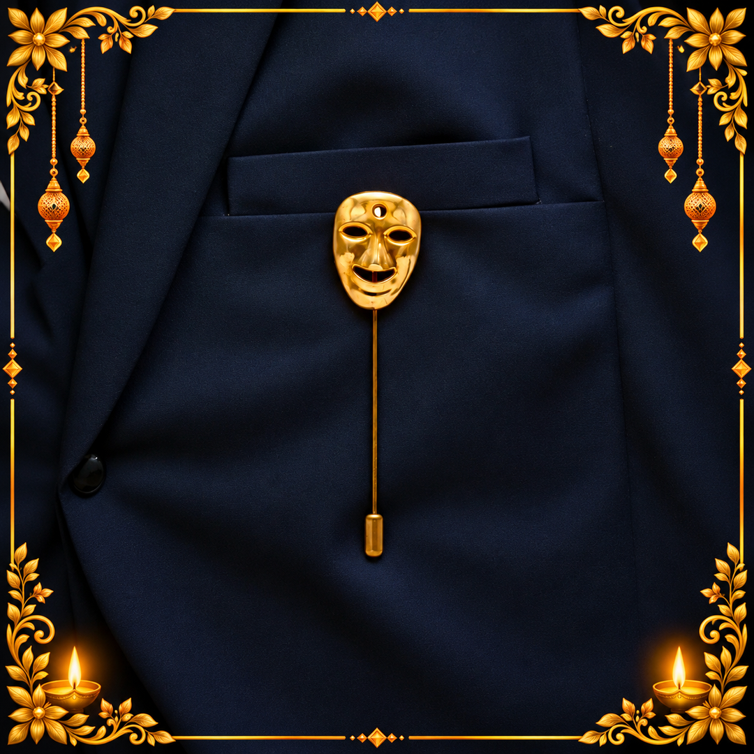 Gold mask lapel pin on a navy suit pocket with a festive gold frame 