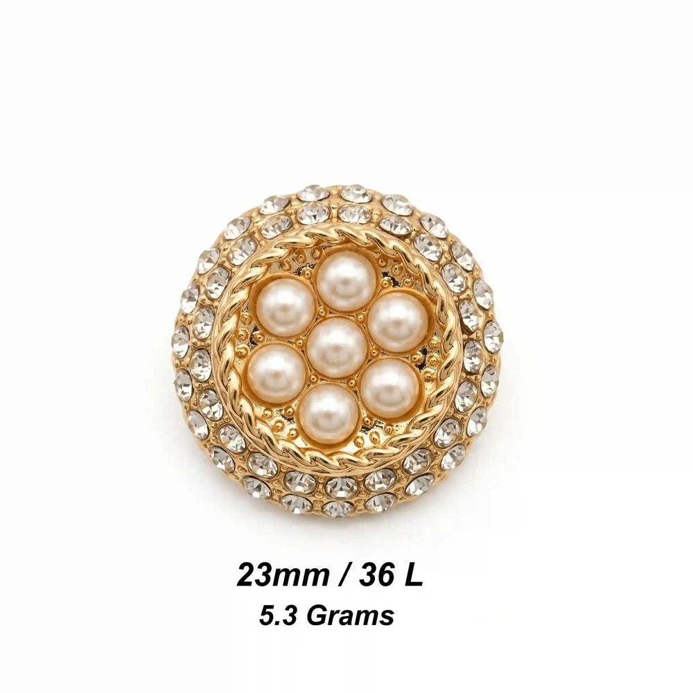 ANI Accessories gold pearl-look and rhinestone cluster button size chart: 23 mm (36 L) and 5.3 grams weight