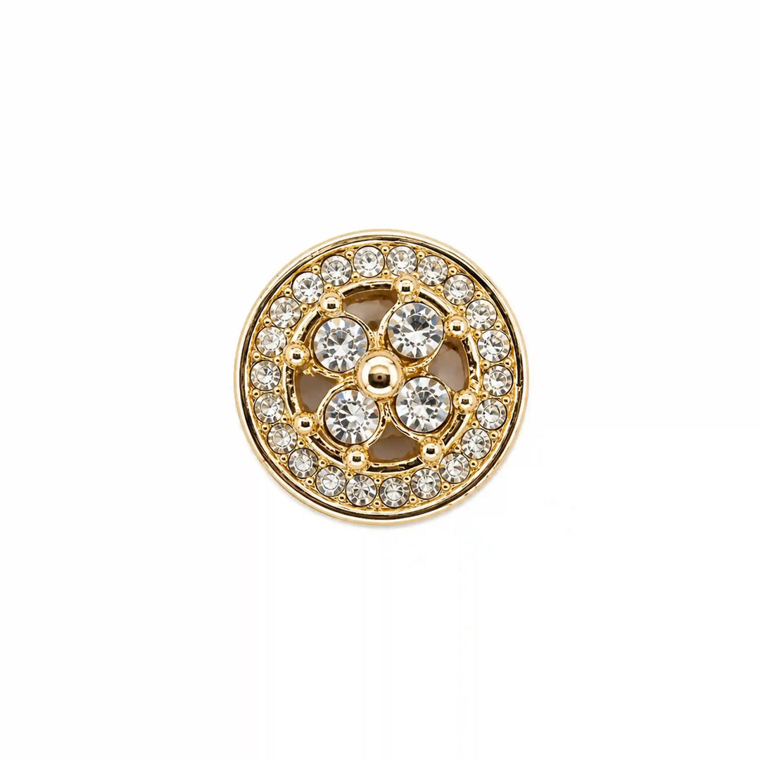ANI Accessories gold quatrefoil rhinestone metal button with four centre stones and pave border, front view 
