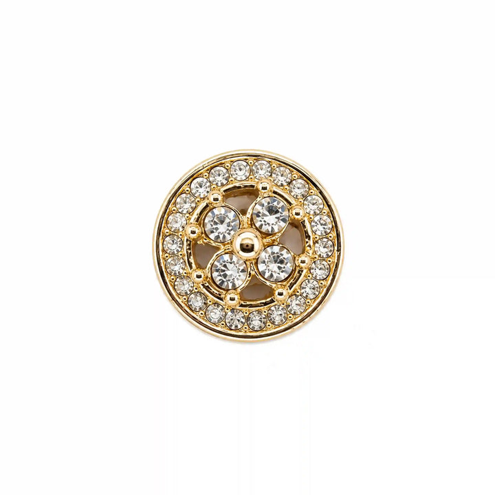 ANI Accessories gold quatrefoil rhinestone metal button with four centre stones and pave border, front view 