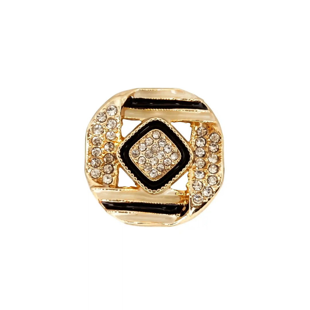 ANI Accessories gold rhinestone metal button, straight-on view of black enamel stripes and stone-set centre diamond with white color background