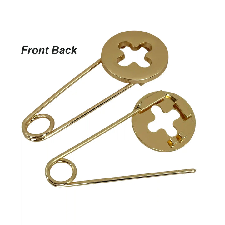 ANI Accessories gold safety pin brooch showing the front and back of the cut-out disc 