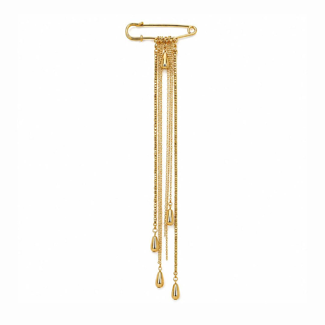ANI Accessories gold safety pin brooch with long chain tassels, full length view with white color background 