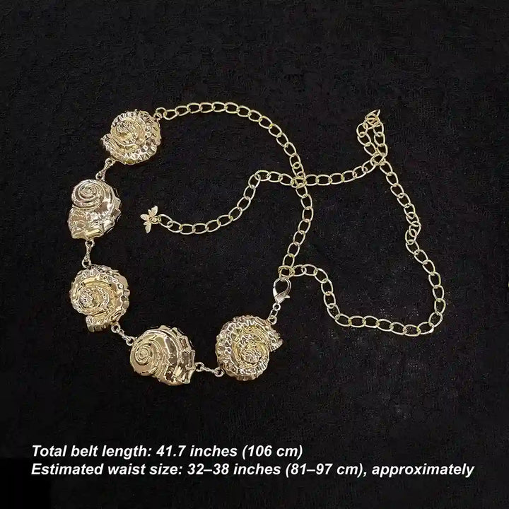 ANI Accessories gold shell chain belt size chart showing 106 cm length 