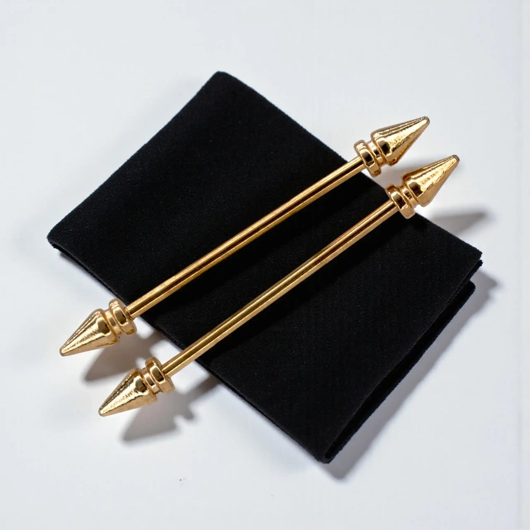 ANI Accessories two gold spike collar bars on a black velvet pouch