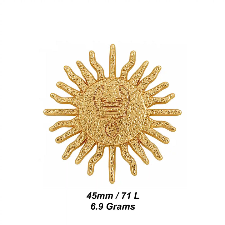 ANI Accessories gold sun button size chart showing 45mm 71L and 6.9 grams with white color background 