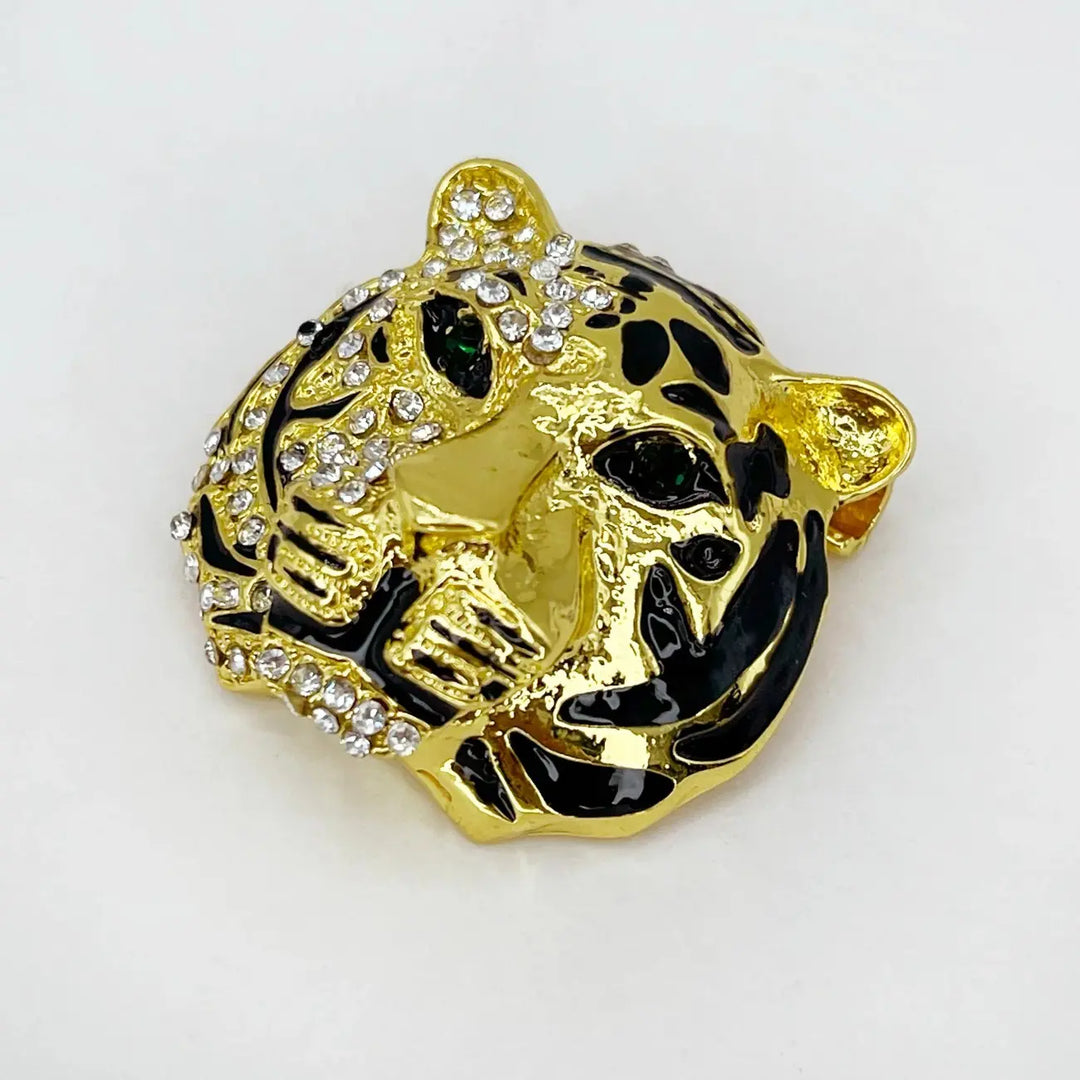 Gold tiger brooch back view with the pin open with white color background 