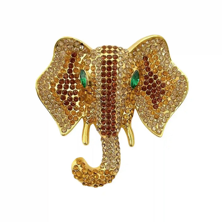 ANI Accessories golden elephant brooch covered in champagne-gold rhinestones with white color background 