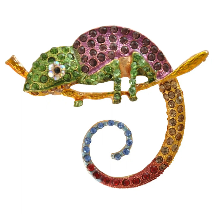Green chameleon brooch with pink body and spiral rainbow tail with white color background 