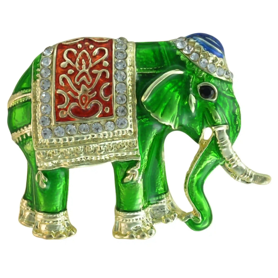 Green enamel elephant brooch with gold-tone trims and rhinestone saddle cloth 
