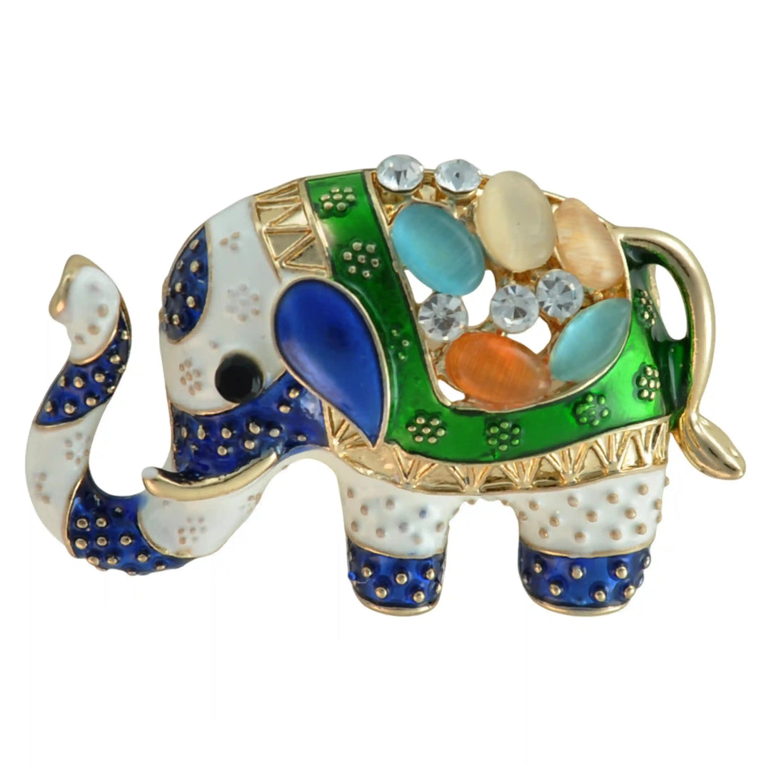 ANI Accessories green enamel elephant brooch with blue ear and cat-eye stones 