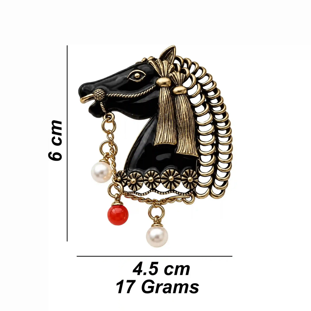 ANI Accessories horse head brooch size chart showing 6 x 4.5 cm and 17 grams with white color background