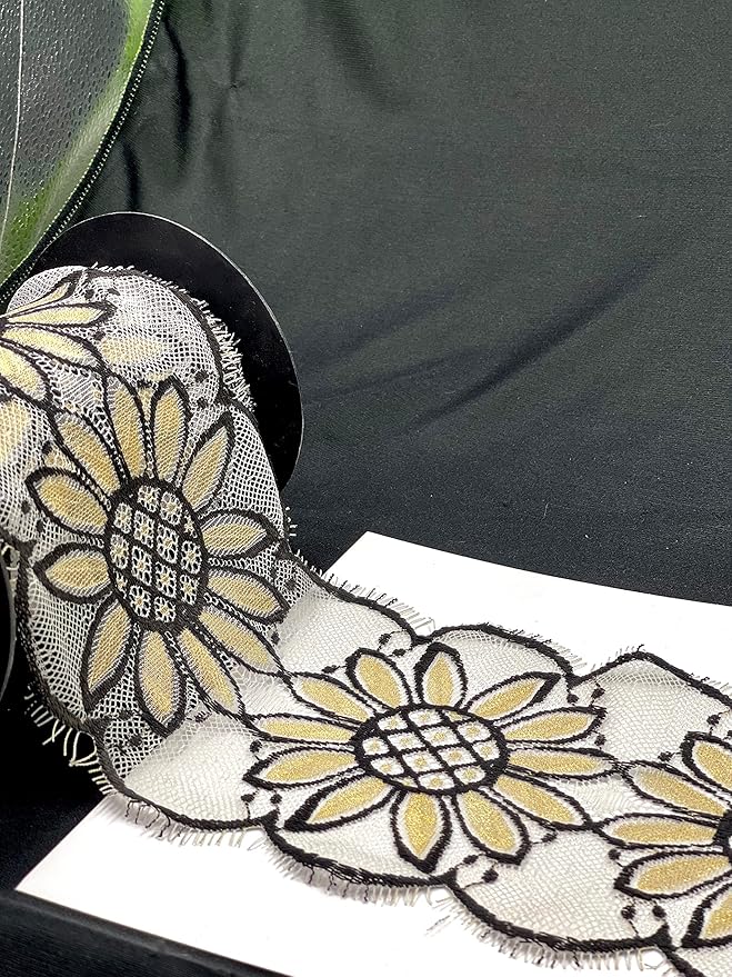 Imported 3 Meter Net Scallop Nylon Lace with Floral Pattern in Black and Yellow for Crafting Projects