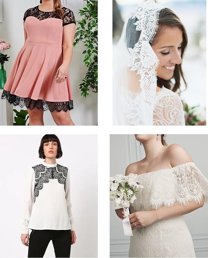Imported 3 Meter Net Scallop Nylon Lace displayed in various fashion items and bridal accessories