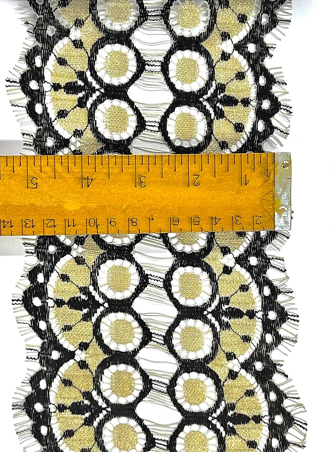 Imported 3 Meter Net Scallop Nylon Lace in black and gold design with ruler for scale