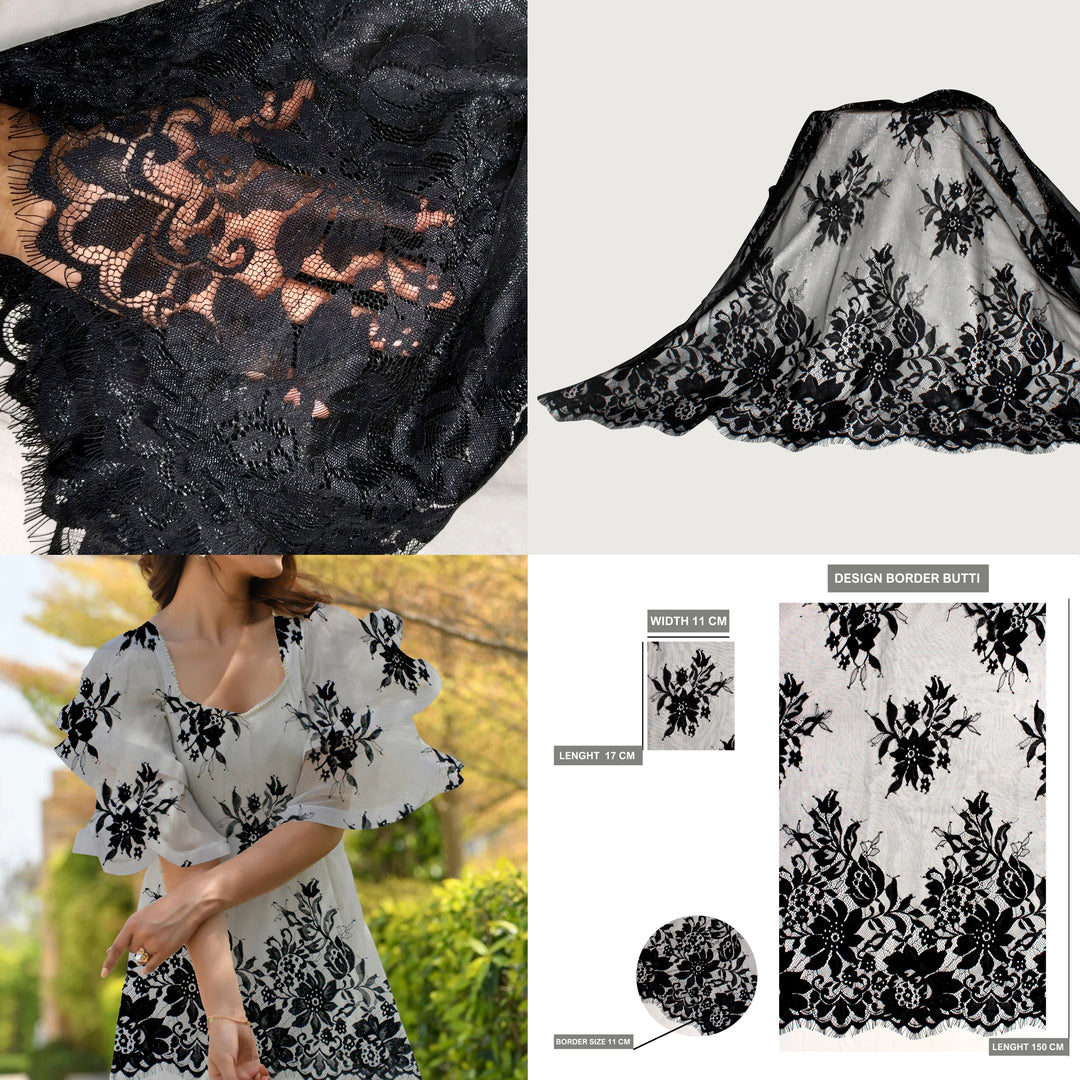 3 Meters Length & 60 Inches Width | Floral Scalloped Eye Lash Lace Fabric