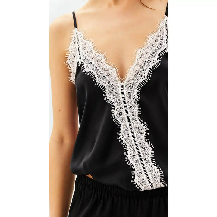 ANI Accessories white lace trim for camisole on a black V-neck cami top 