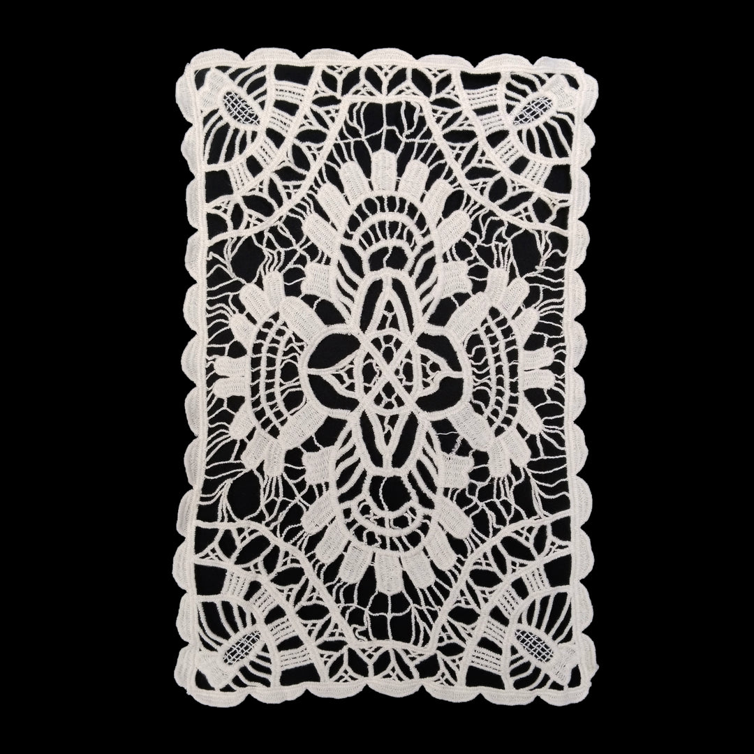 ANI Accessories large cream crochet patch in cotton with cutwork floral design, on black background 