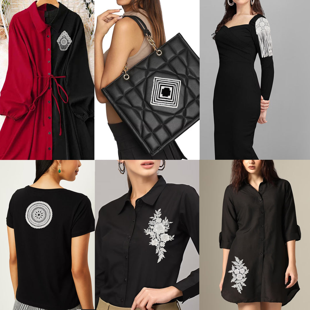 ANI Accessories large patch for clothes shown on six garments and a bag