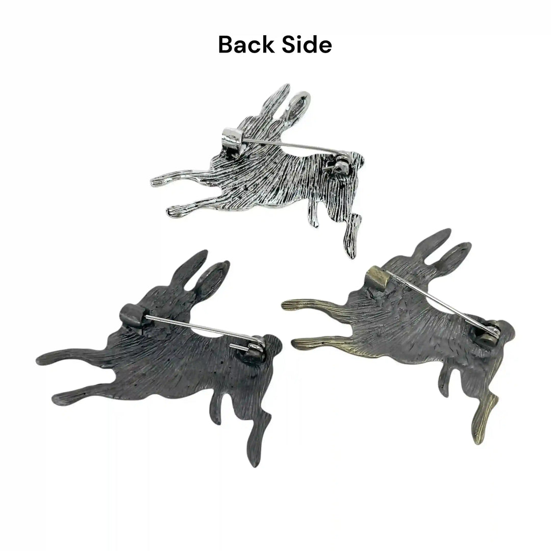 ANI Accessories leaping rabbit brooches back side showing the pin in all three colours 