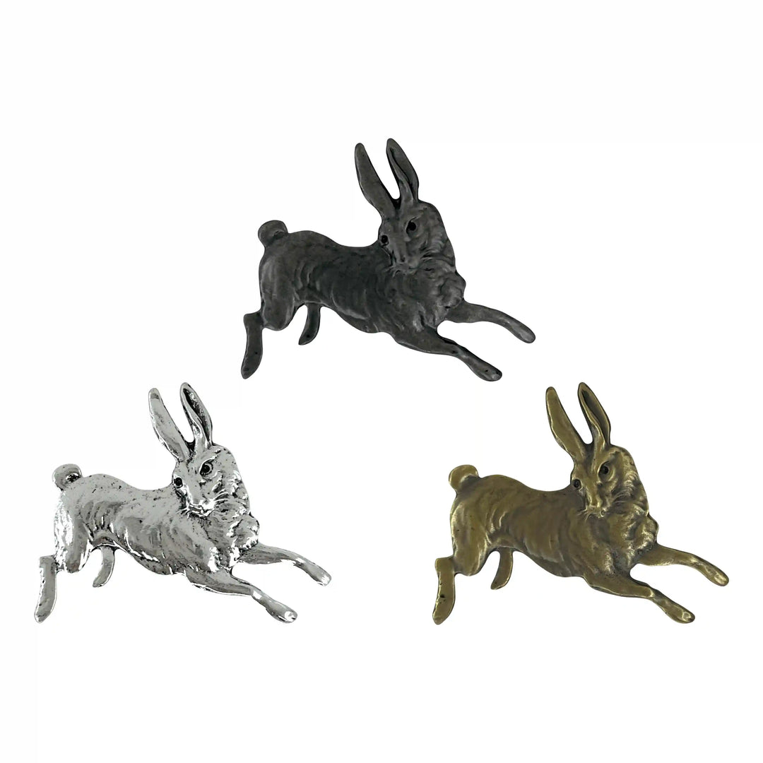 ANI Accessories leaping rabbit metal brooch in black, silver and antique gold, on white white color background 