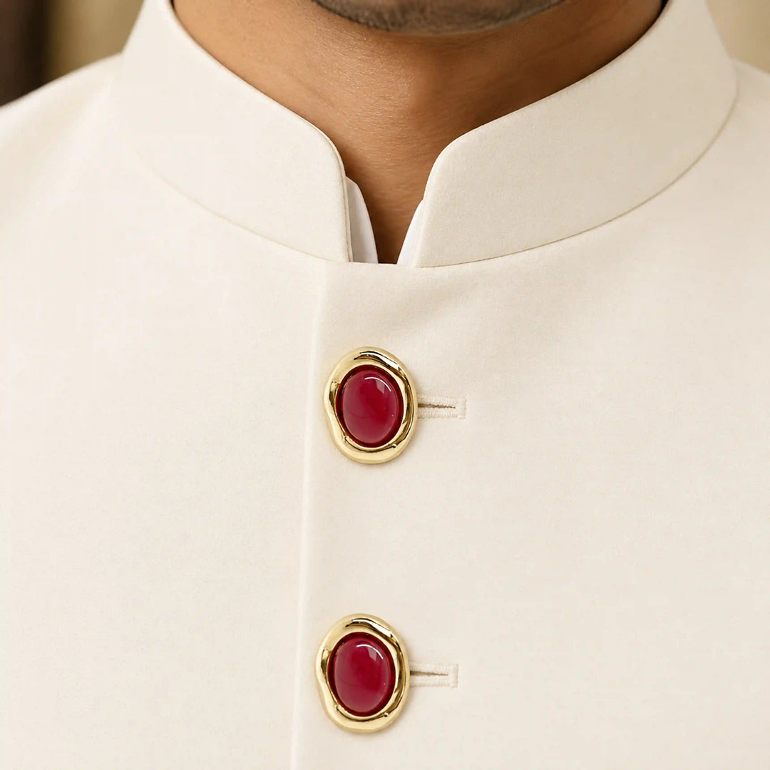 ANI Accessories maroon enamel buttons for bandhgala on a cream bandhgala 