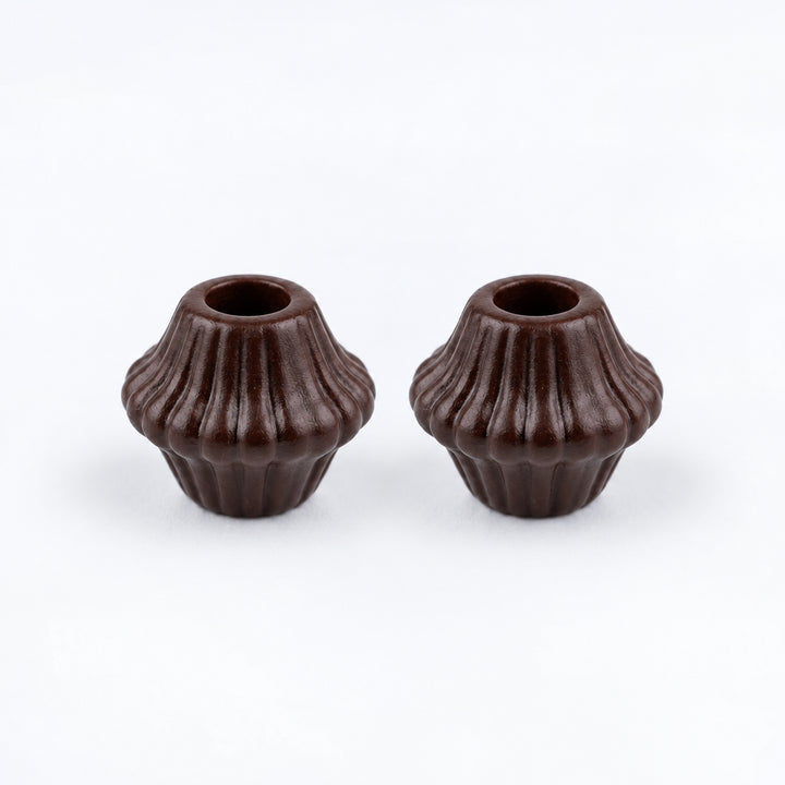 ANI Accessories mini dark brown fluted cord end bead with biconical shape and centre hole, front view on white background