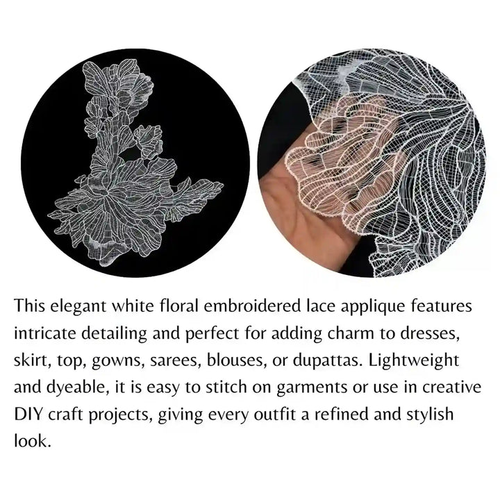 ANI Accessories close-up circles showing the petal and thread detail of an oversized white patch 