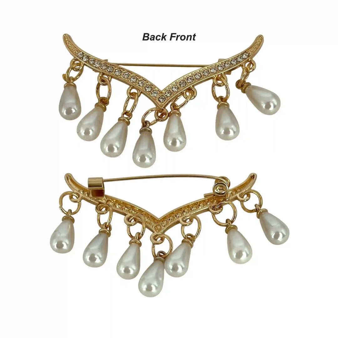 ANI Accessories pearl tassel brooch showing the back with pin and the front with pearl drops with white color background 