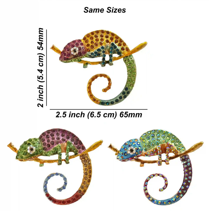 Rainbow chameleon brooch size chart, 6.5 x 5.4 cm, same size in all colours  with white color background 