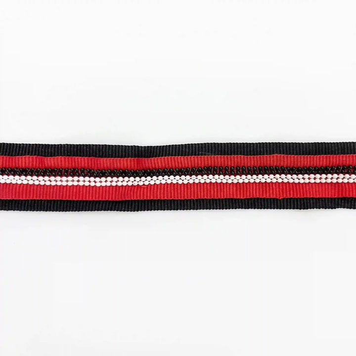 ANI Accessories red and black beaded lace with black and white beads laid flat with white color background 