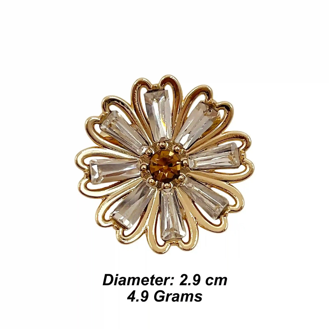 ANI Accessories rhinestone floral brooch size chart: 2.9 cm diameter, 4.9 grams with white color background 